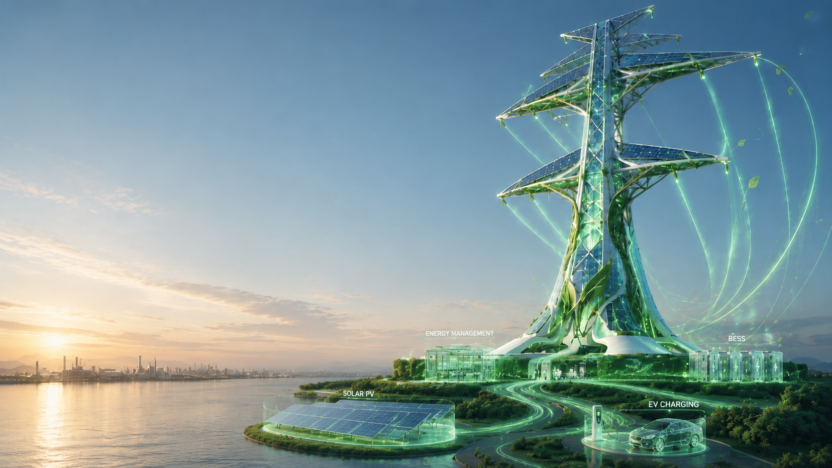 Conceptual green-energy visual: a modern transmission structure connects photovoltaics, BESS, charging and energy management into one system.