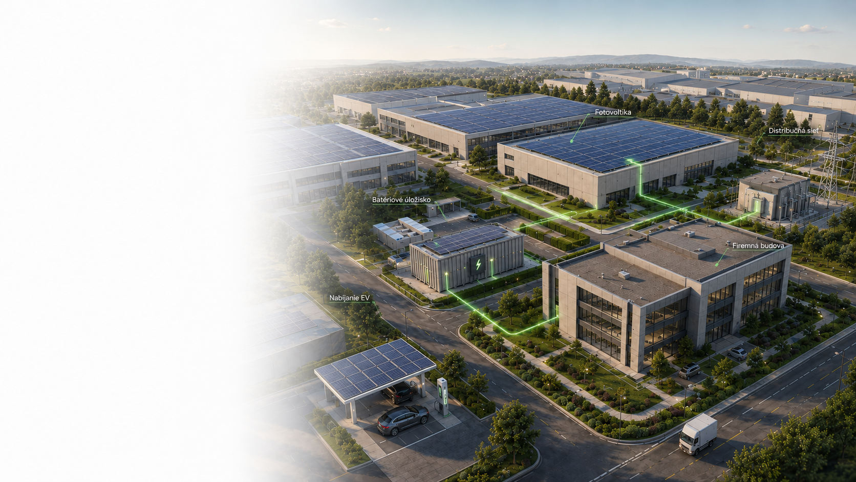 Daytime commercial energy site with photovoltaics, battery storage and distribution infrastructure